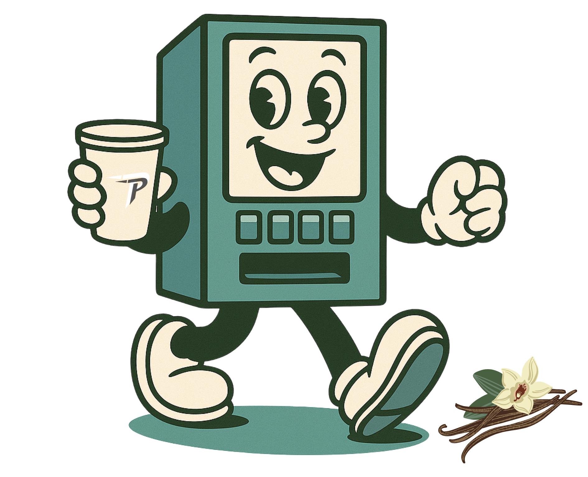 Vending machine mascot holding a shake