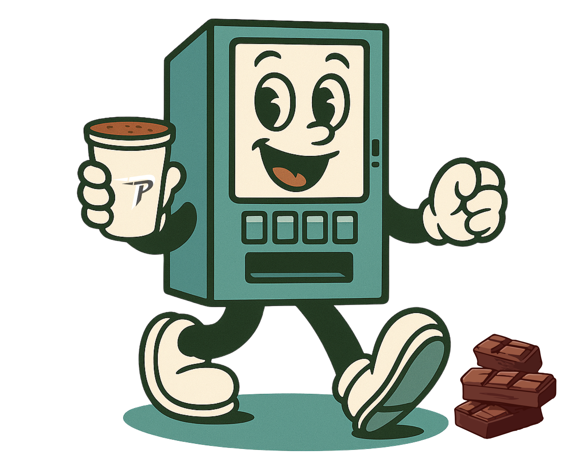 Vending machine mascot holding a chocolate shake