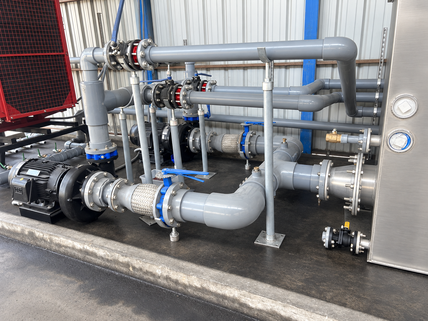 Cooling pumps, valves, and pipework connected to the heat exchanger