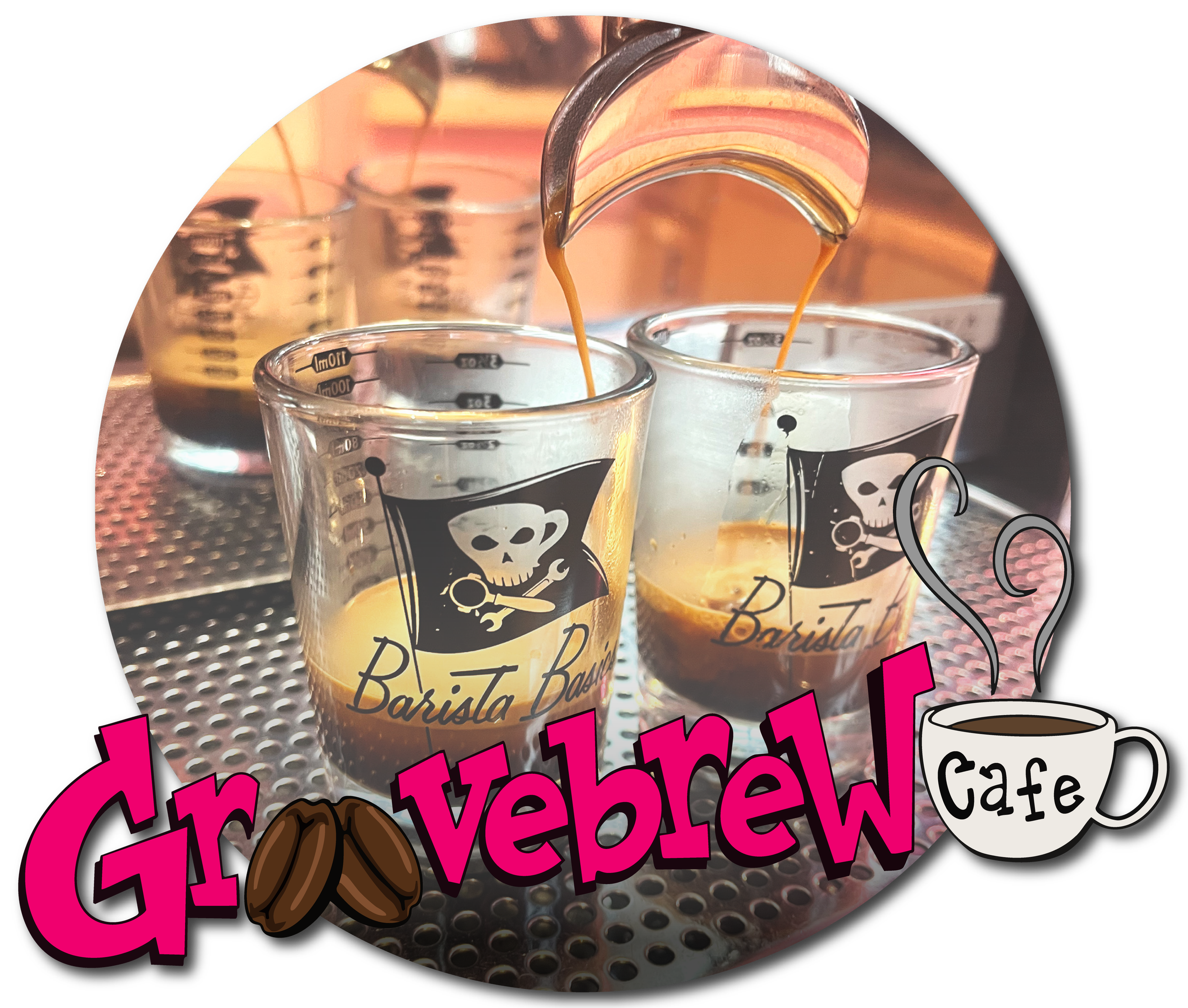 two shots of espresso pouring into two shot glasses