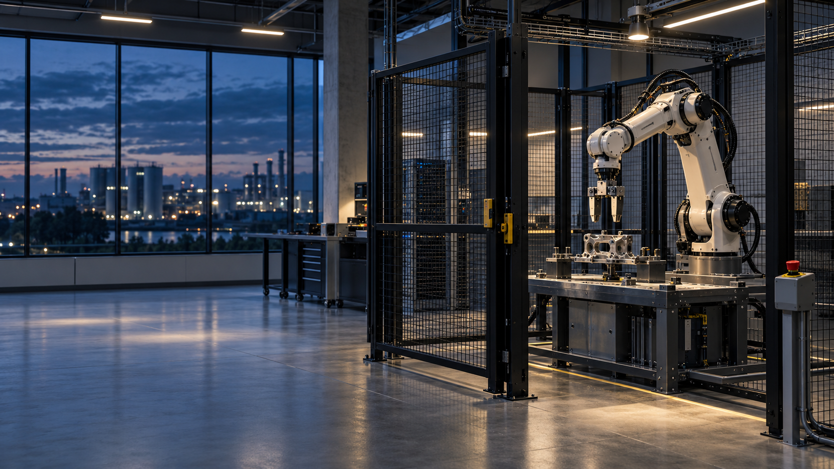 Editorial illustration of a stationary industrial robot and integration fixture in a guarded laboratory.