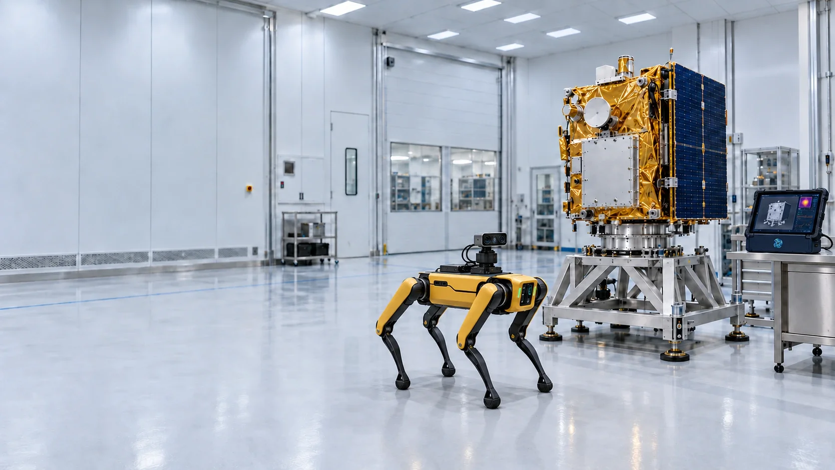 Conceptual spacecraft test scene with a four-legged inspection robot, satellite hardware on a support stand, and a mounted inspection tablet.