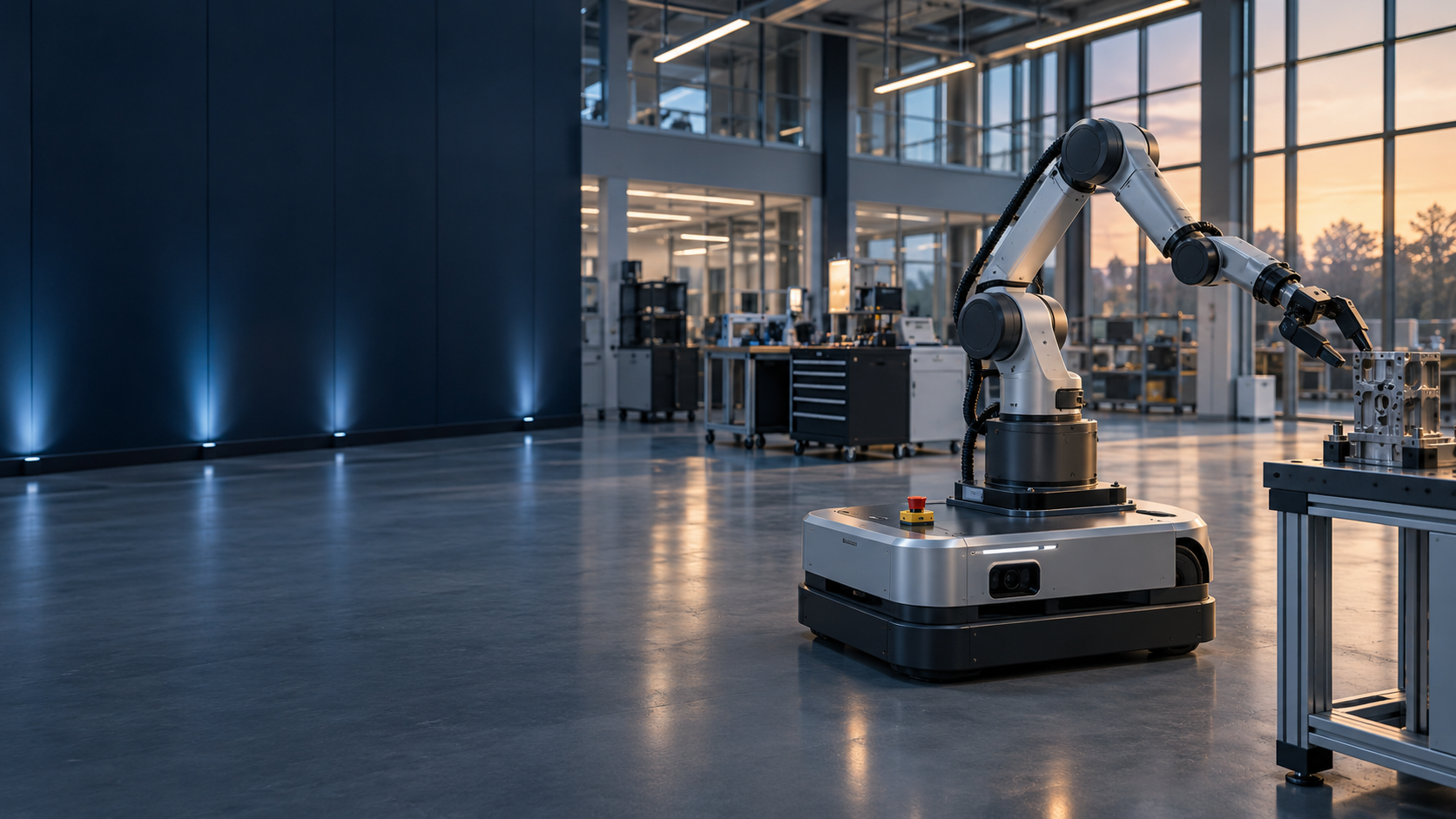 Illustration of an autonomous mobile robot with an articulated arm beside a precision fixture in a modern technology integration space.