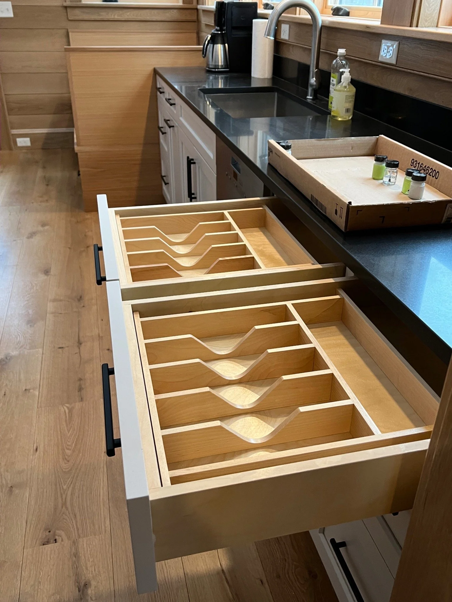 Custom drawer interiors with wood organizers