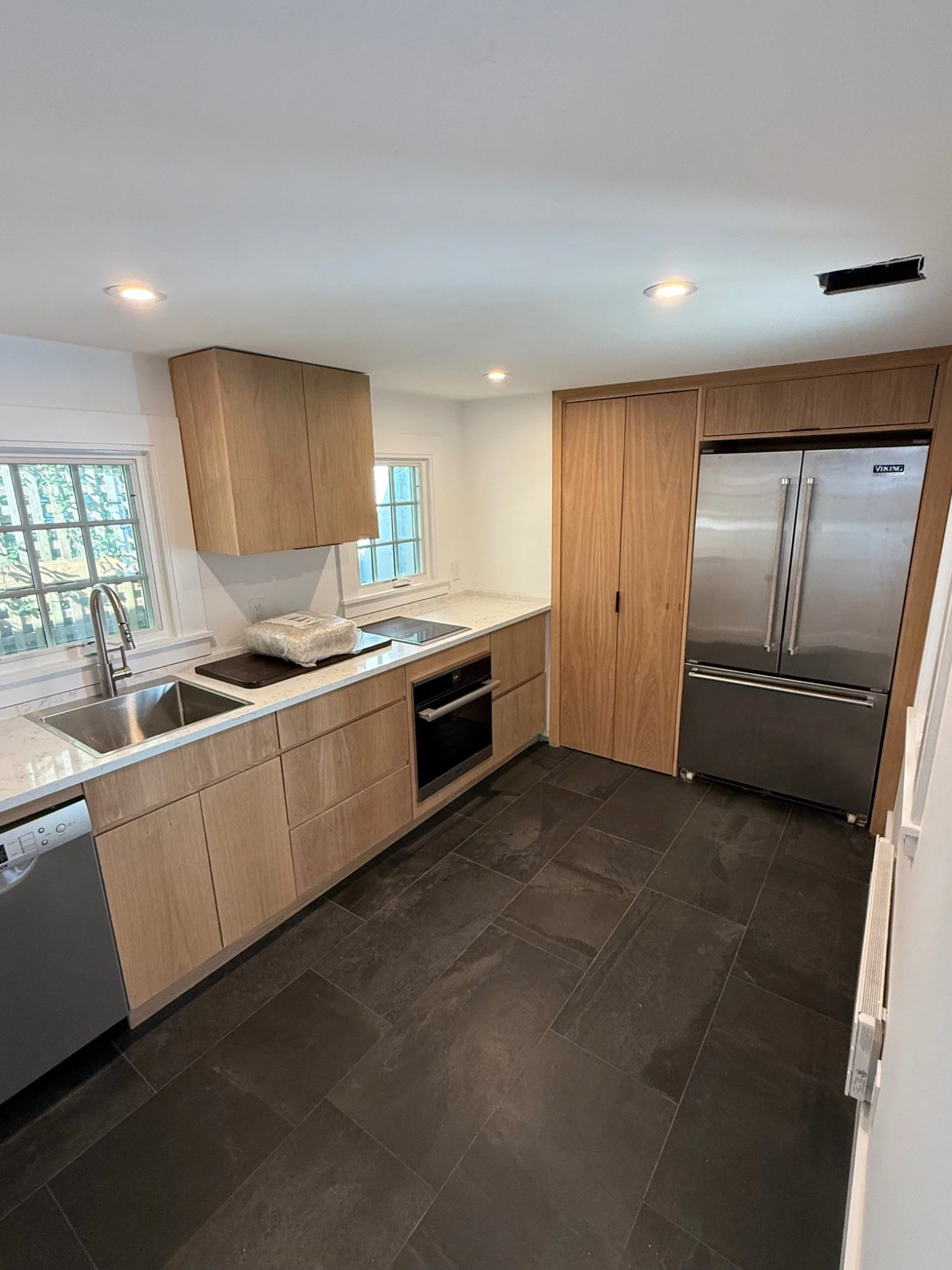 Clean-lined wood cabinetry
