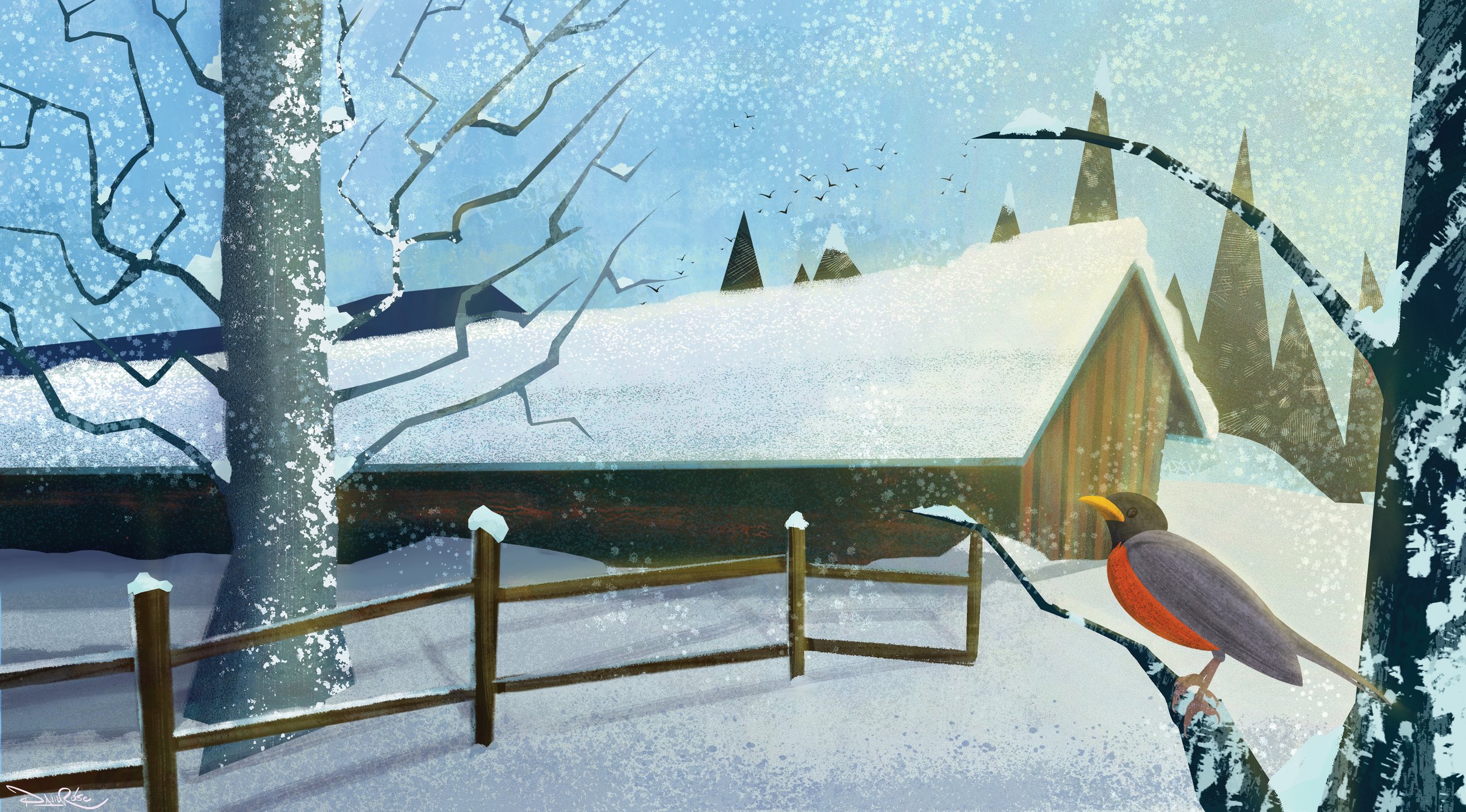 Portfolio artwork of a snowy barn with a bird
