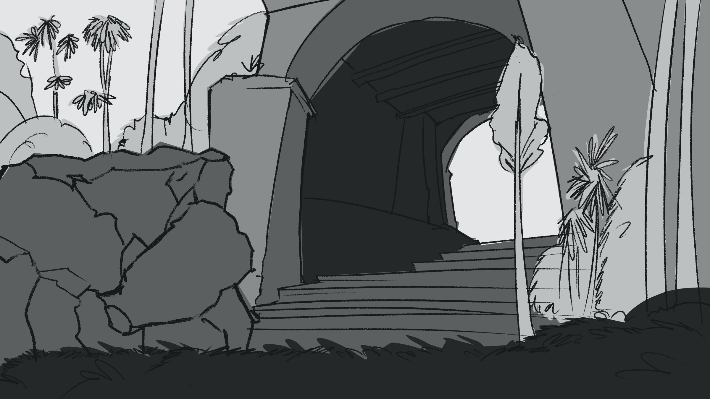 Portfolio artwork of concept design sketches for a lost city