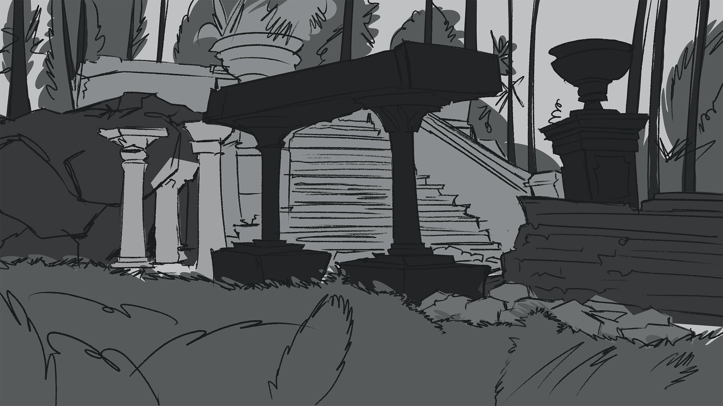 Portfolio artwork of concept design sketches for a lost city