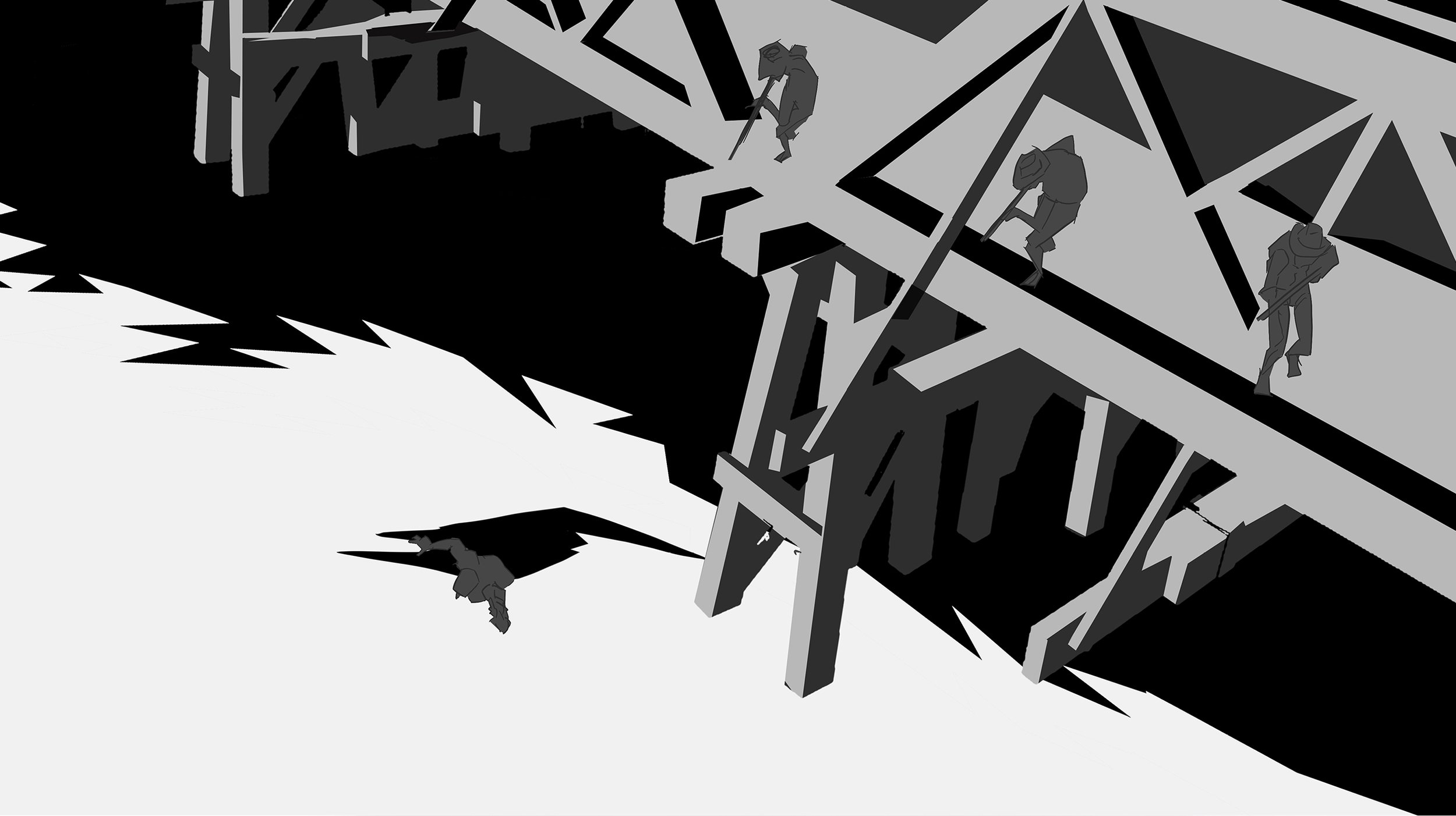 Portfolio artwork of concept design sketches exploring the story of Occurrence at Owl Creek Bridge