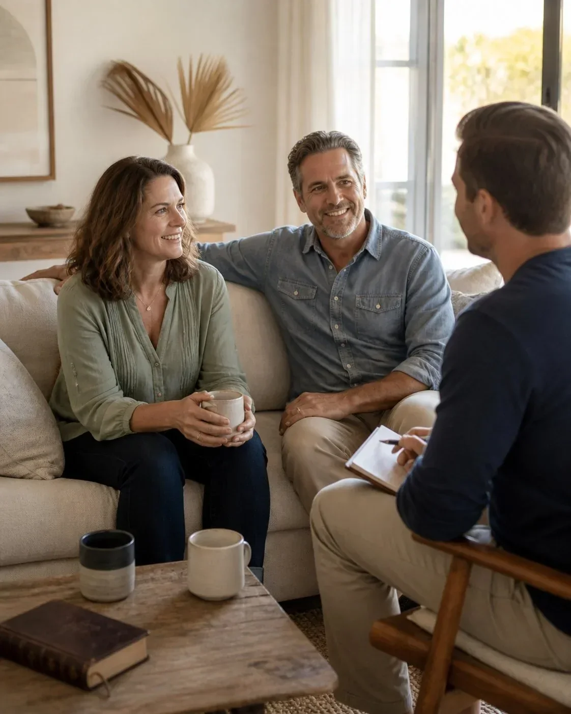 Christian couple in a relaxed conversation with their faith-based financial advisor · Stars and Sand Financial Discovery Meeting