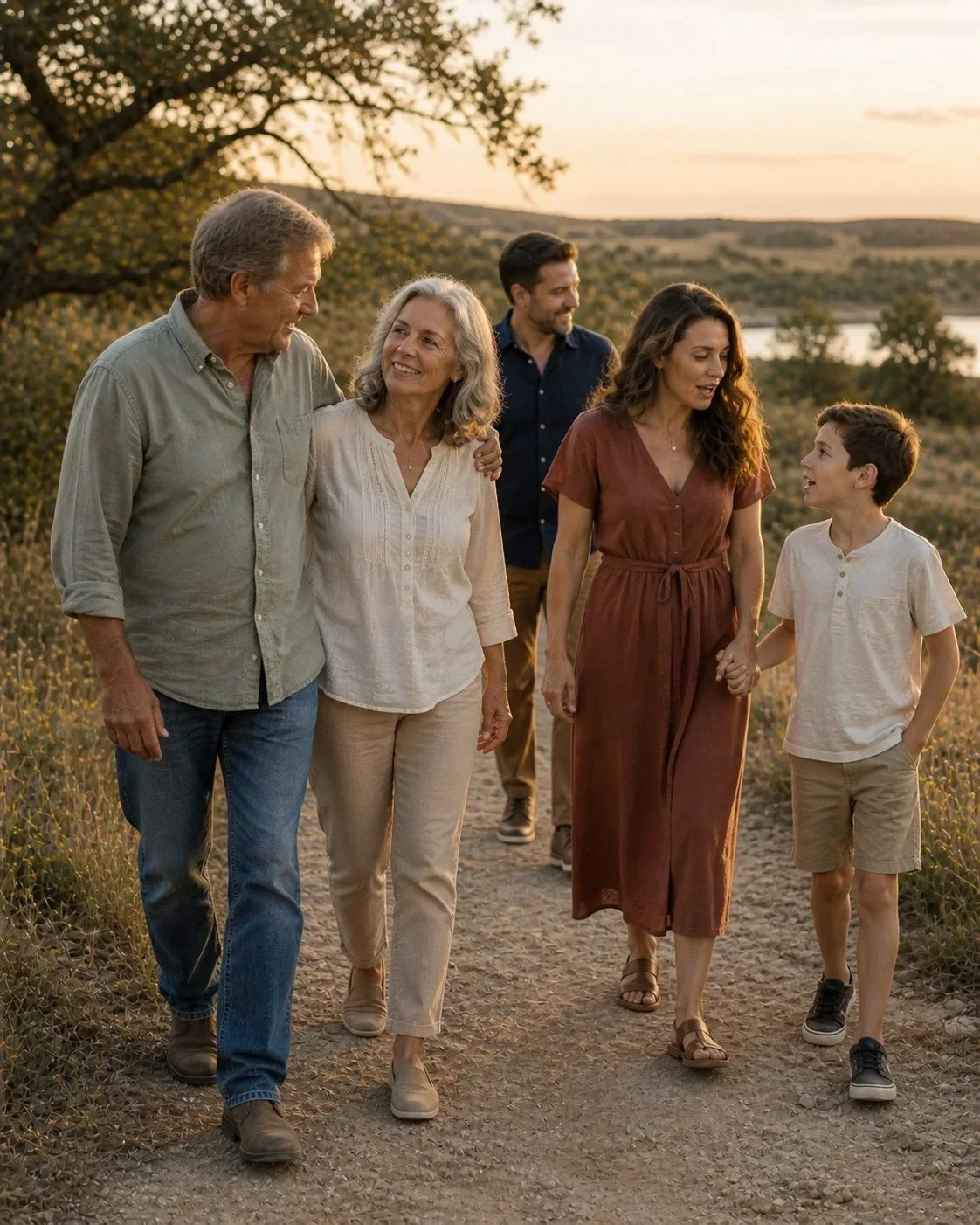 Multigenerational Christian family walking together at golden hour · Stars and Sand Financial ongoing stewardship guidance
