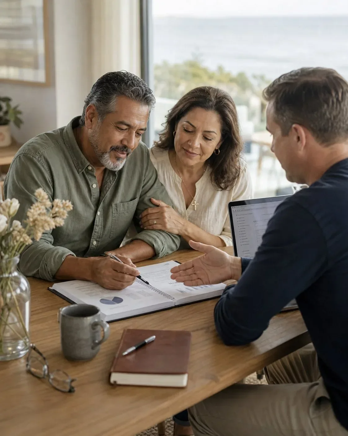 Hispanic Christian couple reviewing their faith-based financial plan with their advisor at Stars and Sand Financial