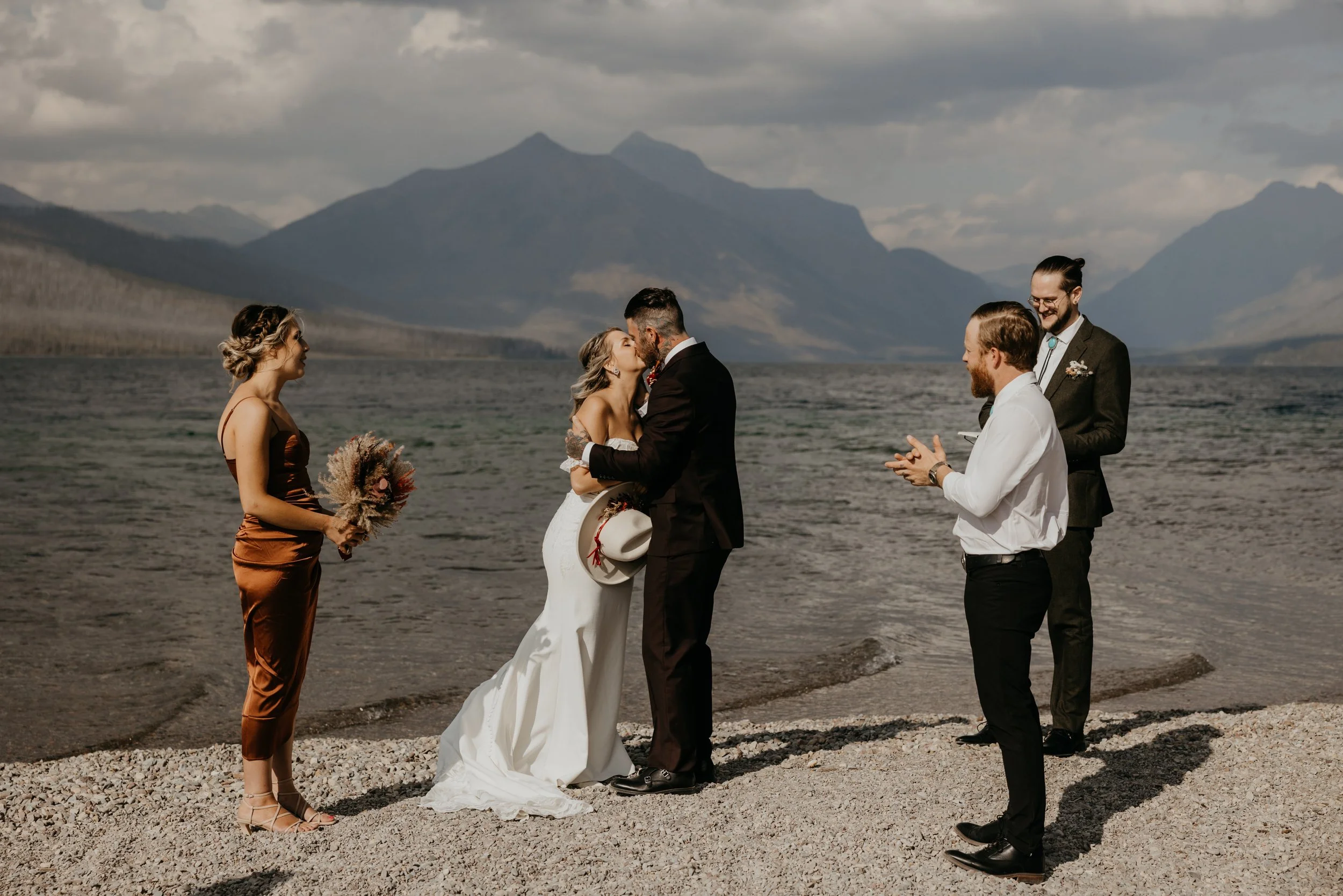 Glacier National Park elopement couple with calm intentional planning and mountain scenery