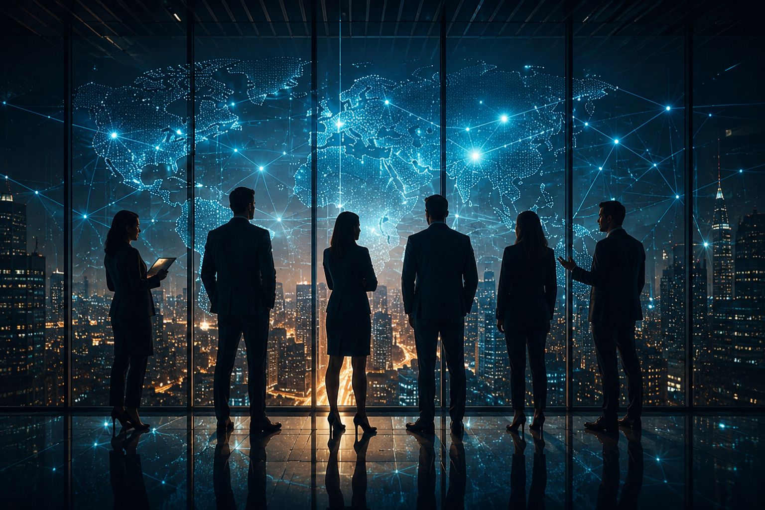 Business team overlooking a city skyline with a glowing global network