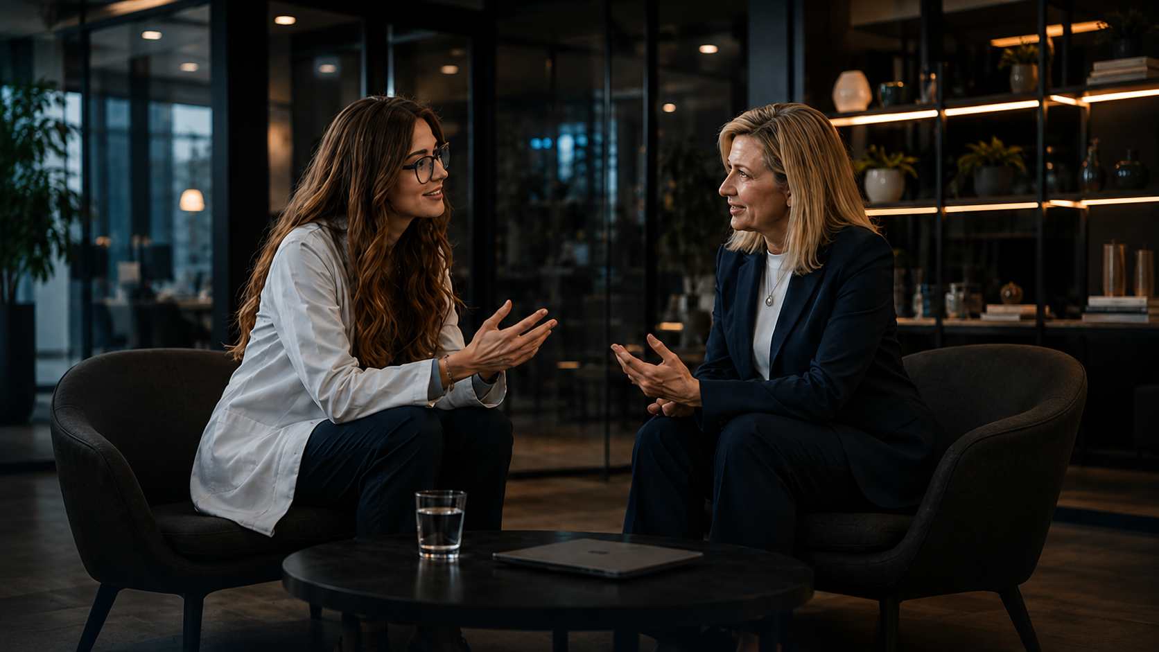 Two colleagues seated in conversation in a calm, warmly lit office — the beginning of a meaningful collaboration