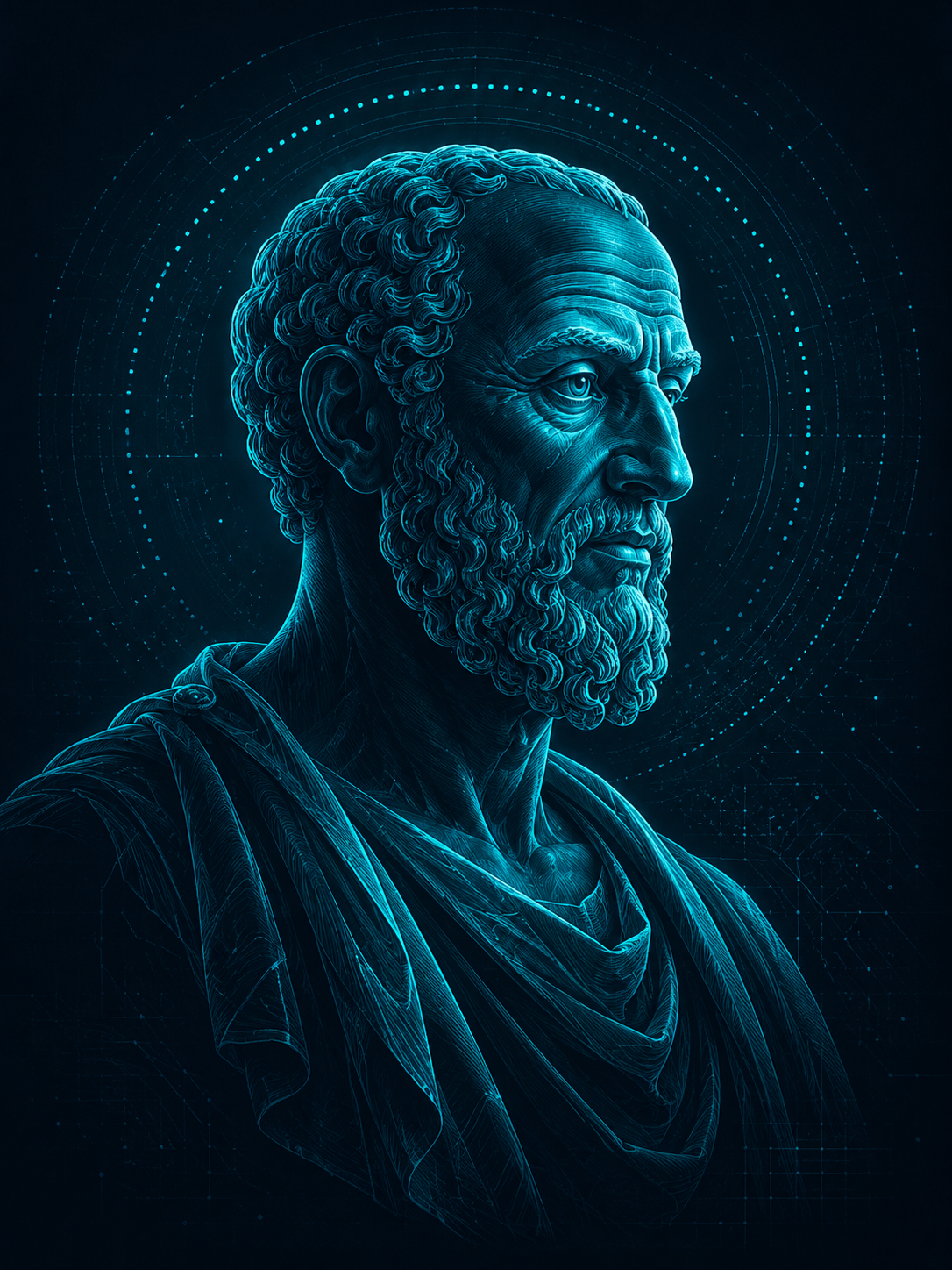 Portrait of Hippocrates rendered in cyan light