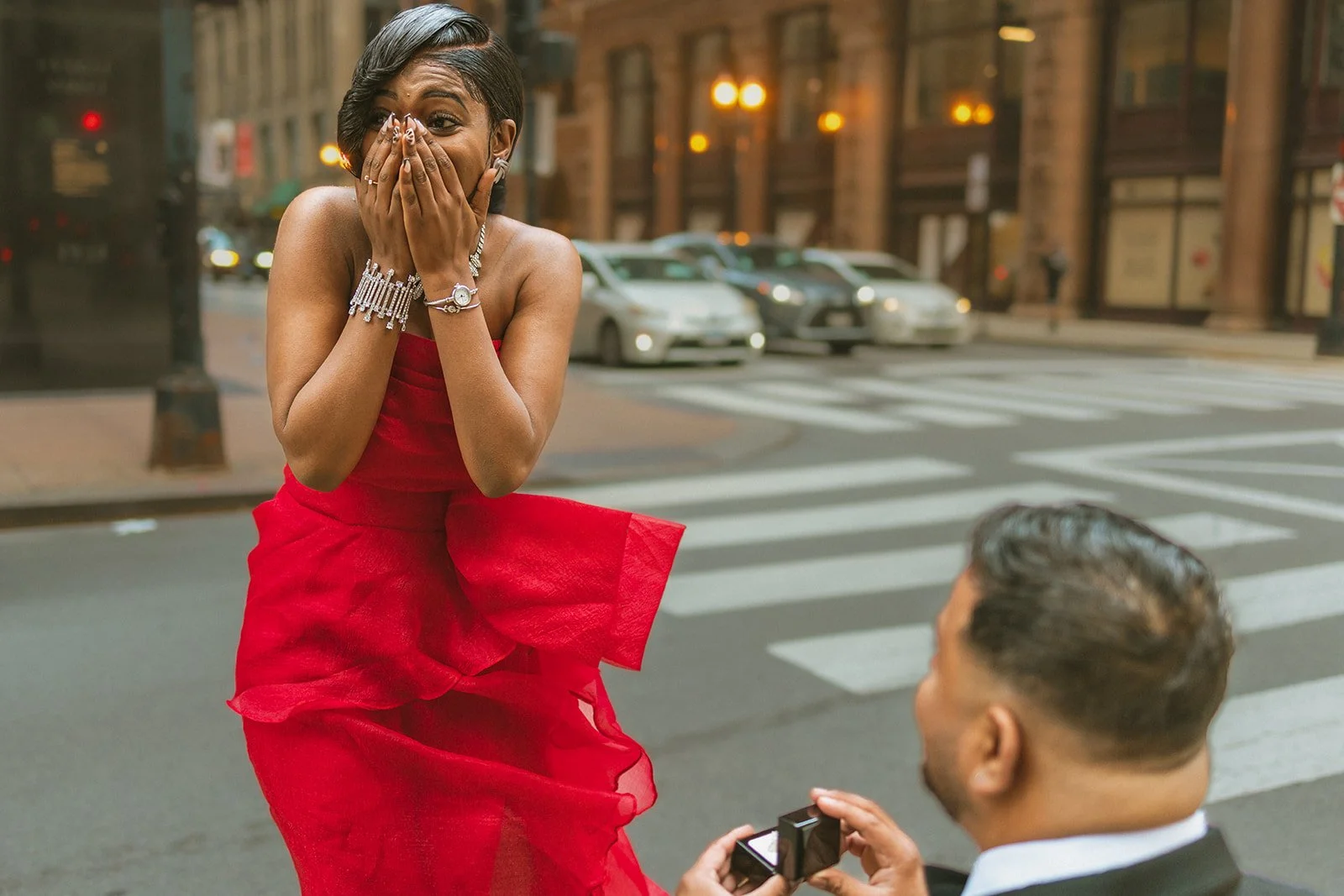 Chicago Loop proposal photography near the Board of Trade, golden hour editorial portrait