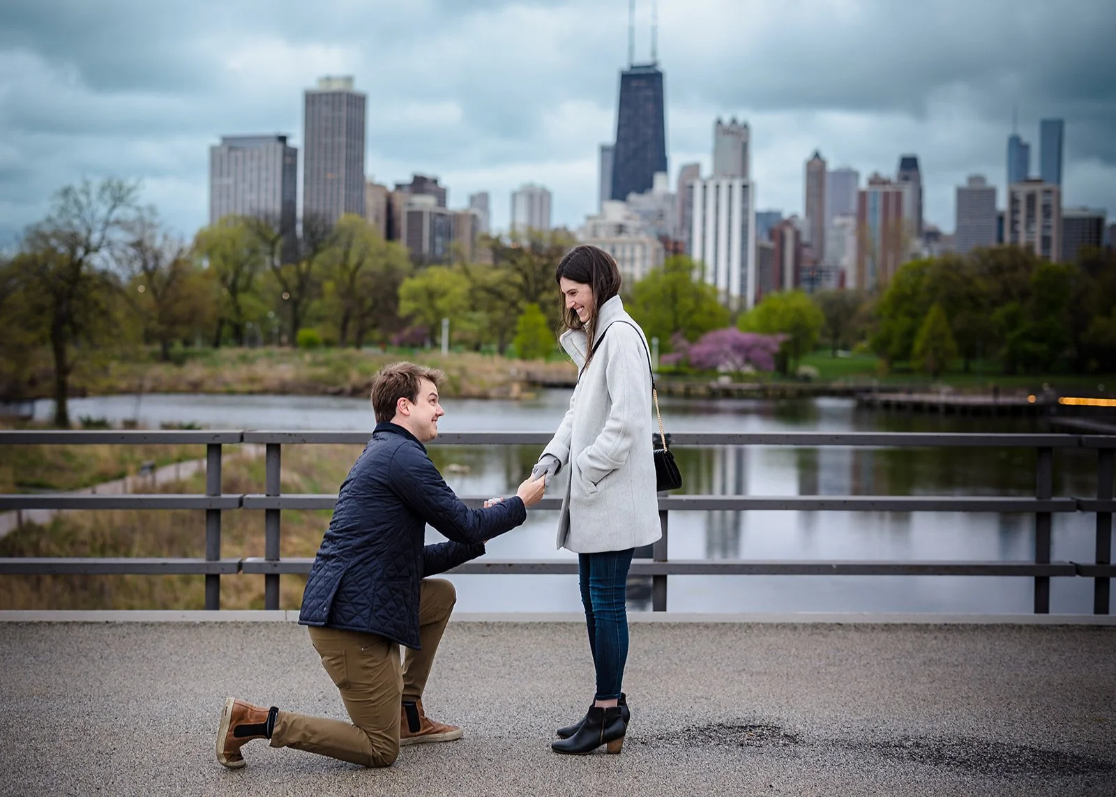 Surprise proposal moment at South Pond Nature Boardwalk with prairie grasses and golden light — Chicago proposal photographer