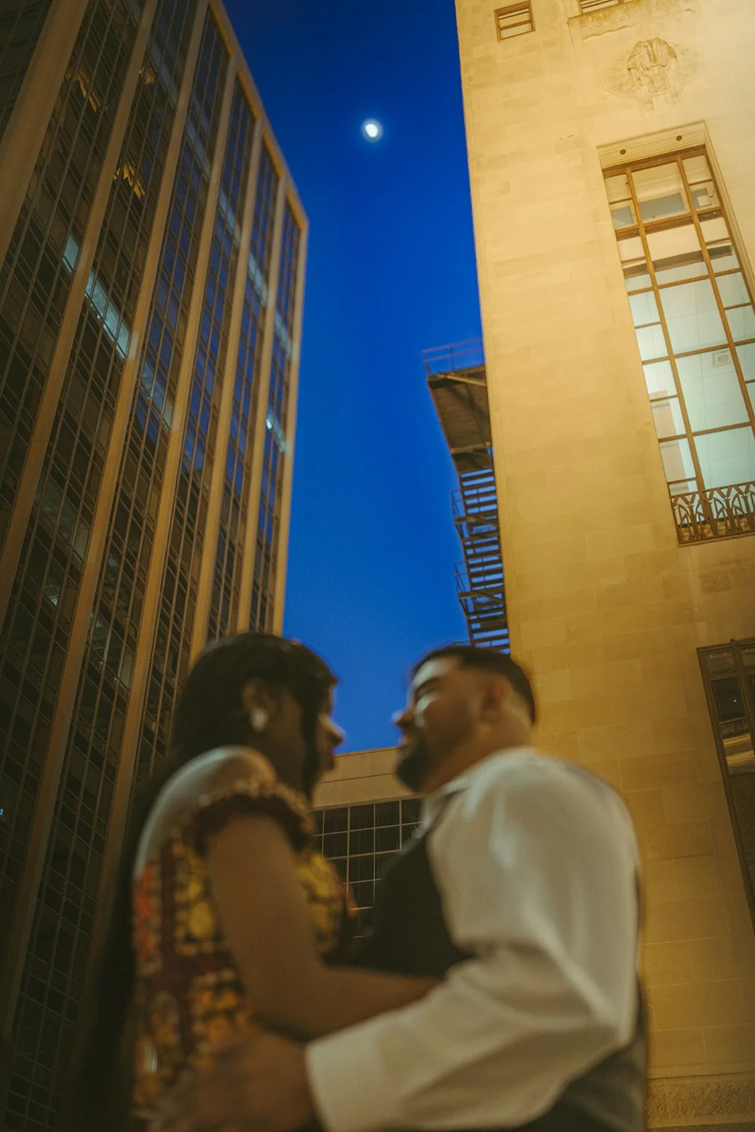 Post-yes celebration moment captured in the Chicago Loop, raw and unguarded portrait