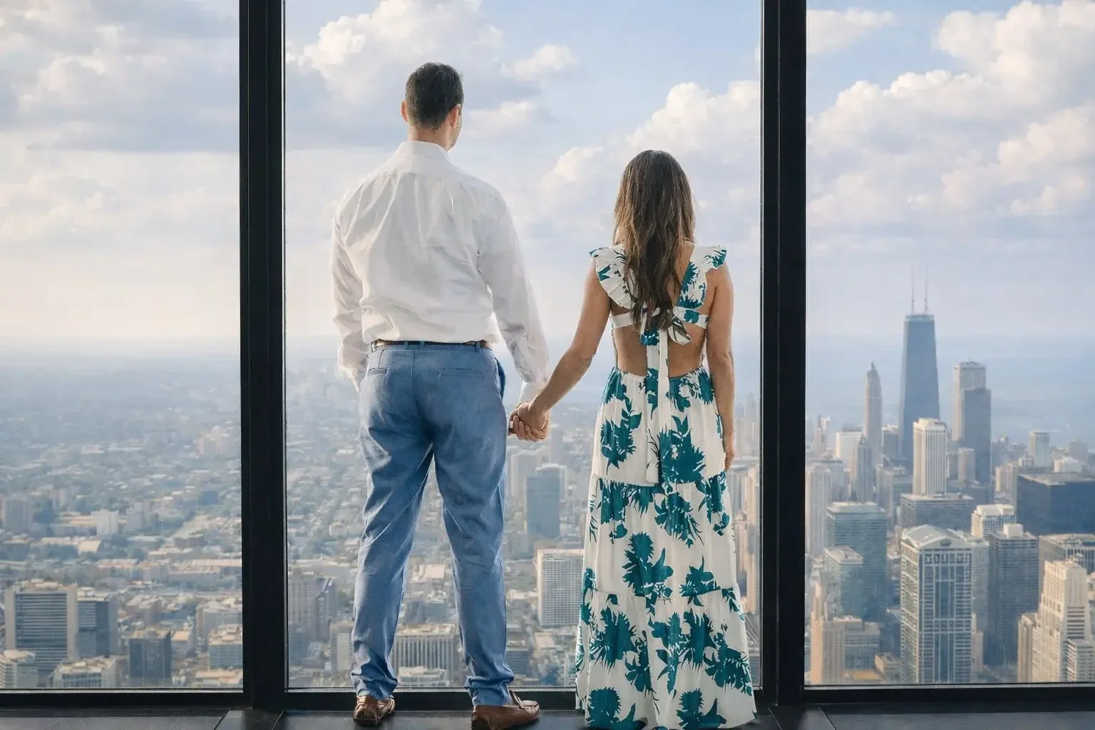 Couple holding hands at Willis Tower Skydeck overlooking Chicago skyline and Hancock Building - proposal photography by The Proposal Studios