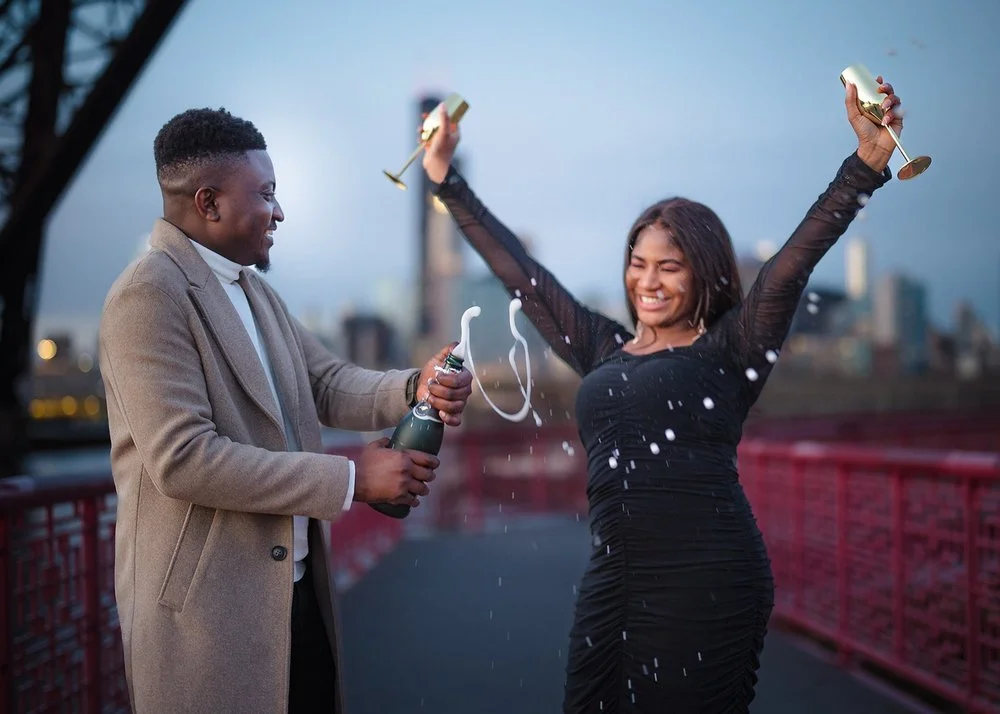 Cinematic Chicago engagement session with champagne celebration