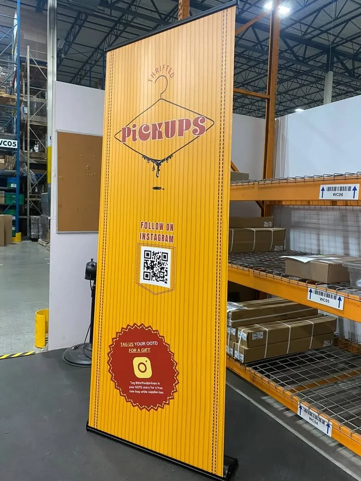 Pickups retractable banner in a warehouse