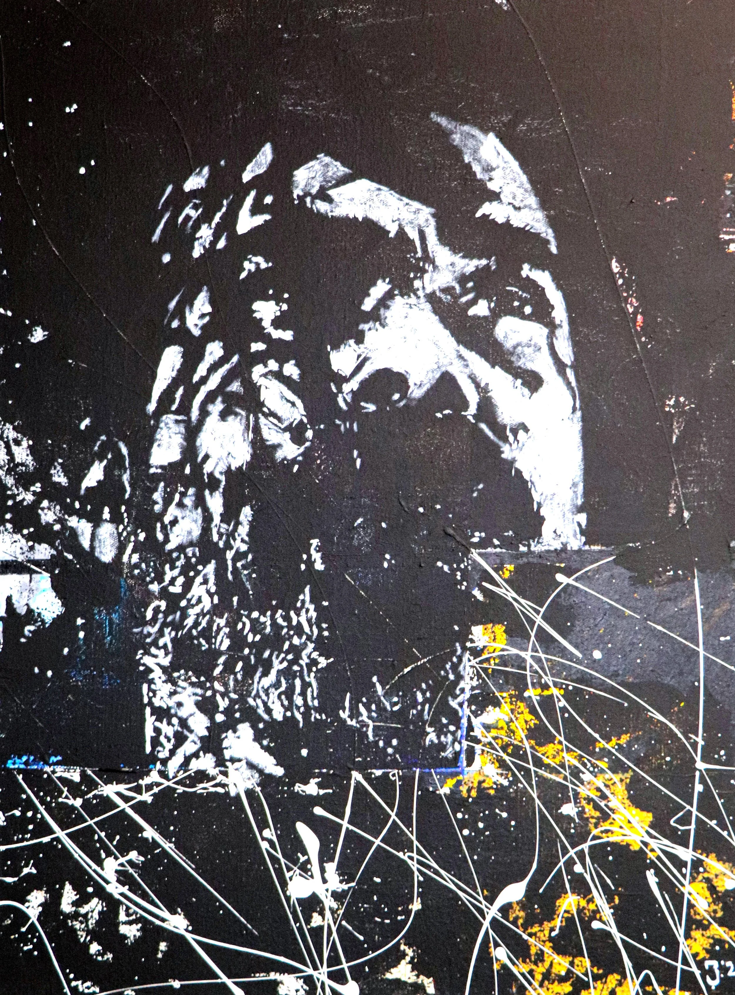 The Deaf Universe: Untitled Masculine by Jake Adams — Abstract mostly black and white painting of a man with splatters of yellow and high contrast