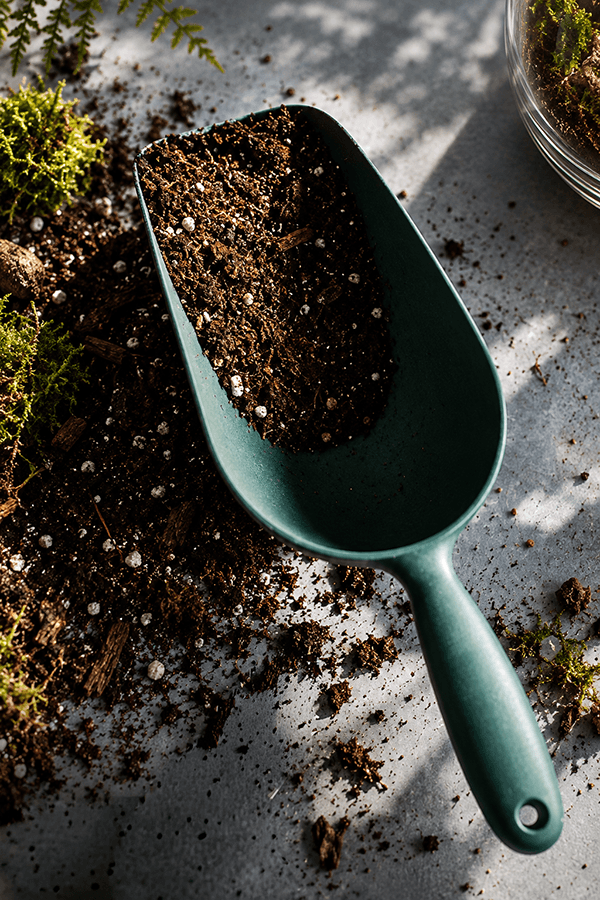 Zielona łopatka wypełniona ziemią, przygotowanie do pracy botanicznej