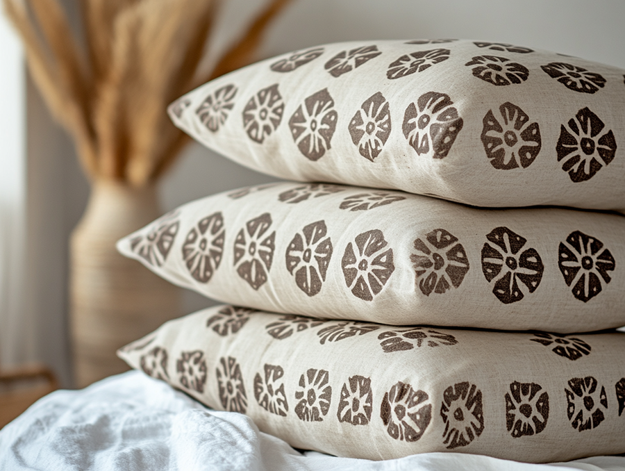 Textile Print Studio – stemplowane poduszki CARAMEL