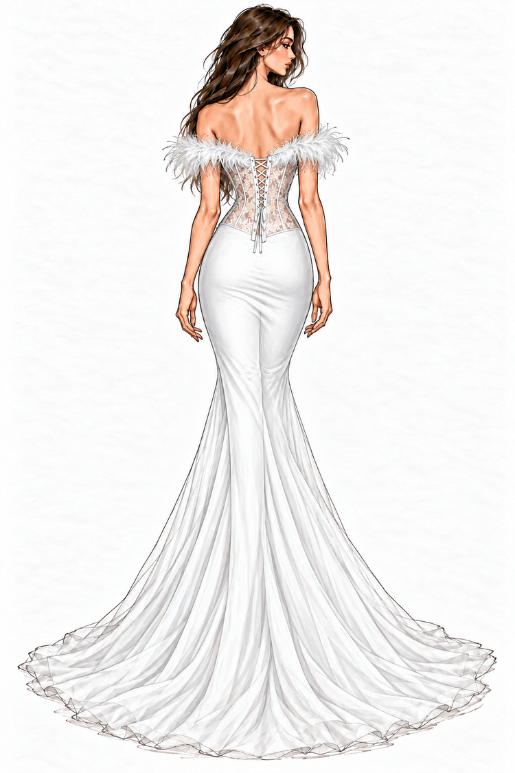 White · Back view of feather neckline and Chantilly lace corset custom prom gown concept by Sira D’ Pion in Reading, Ohio