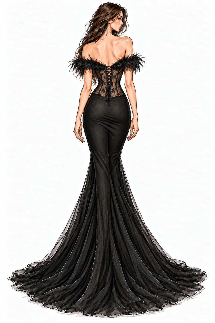 Black · Back view of feather neckline and Chantilly lace corset custom prom gown concept by Sira D’ Pion in Reading, Ohio