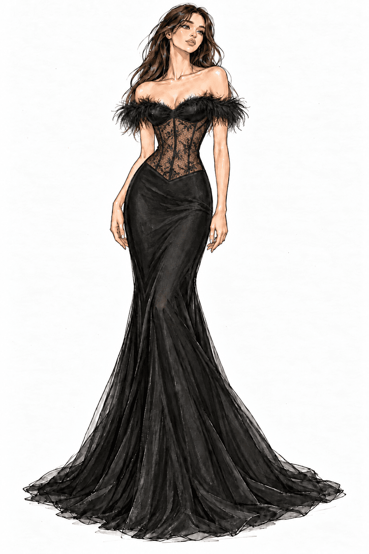 Black · Front view of feather neckline and Chantilly lace corset custom prom gown concept by Sira D’ Pion in Reading, Ohio