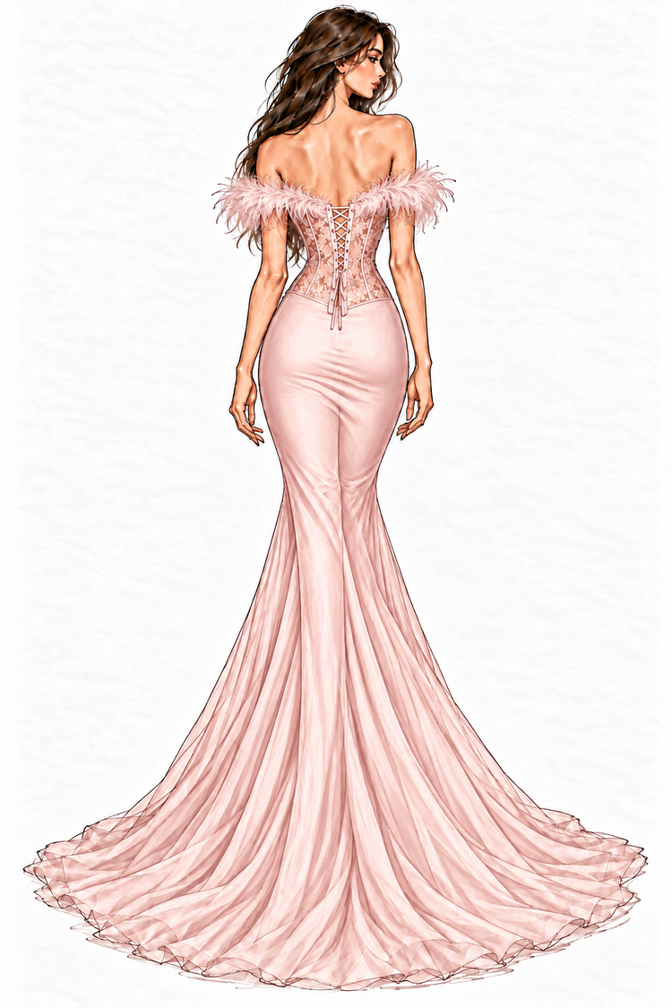 Blush · Back view of feather neckline and Chantilly lace corset custom prom gown concept by Sira D’ Pion in Reading, Ohio