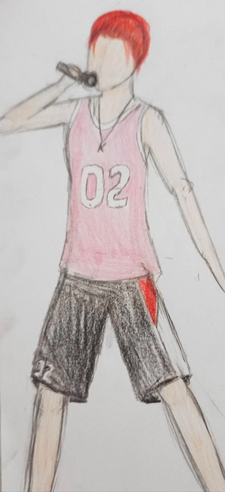Pencil drawing of Kevin in a pink O2 jersey