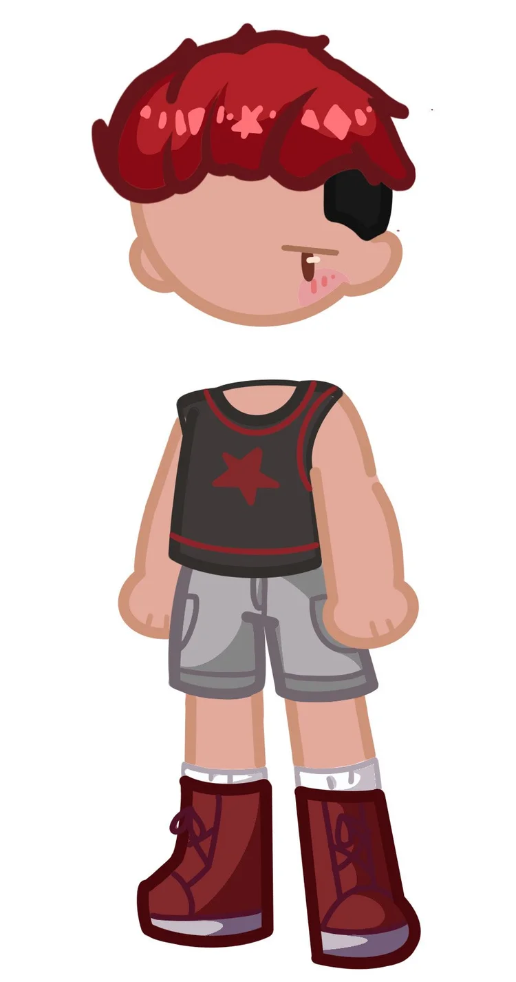 Red-haired Kevin character in a star crop top and red boots