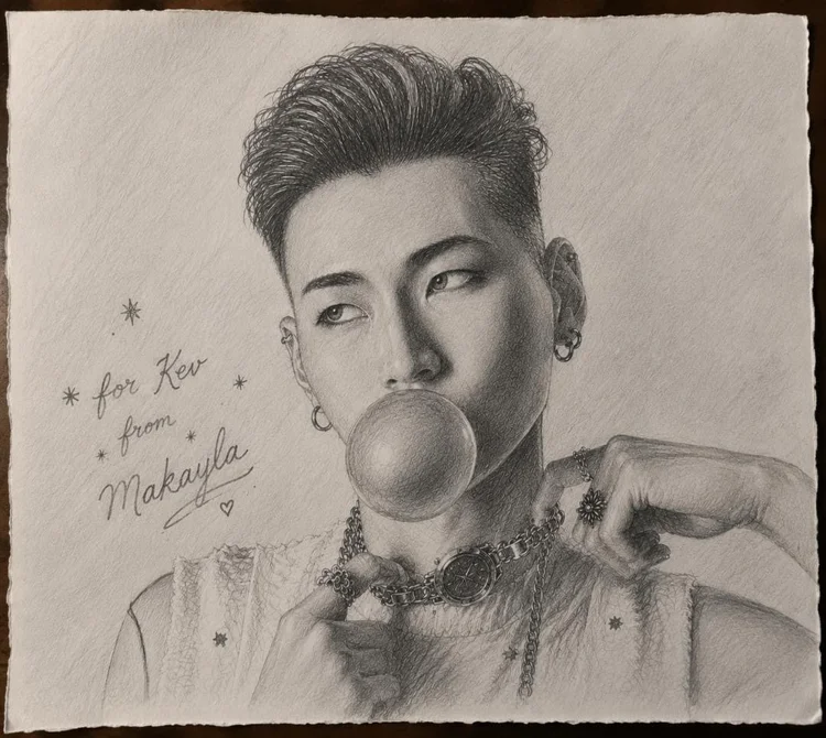 Graphite portrait of Kevin blowing bubblegum, dedicated to Kev from Makayla