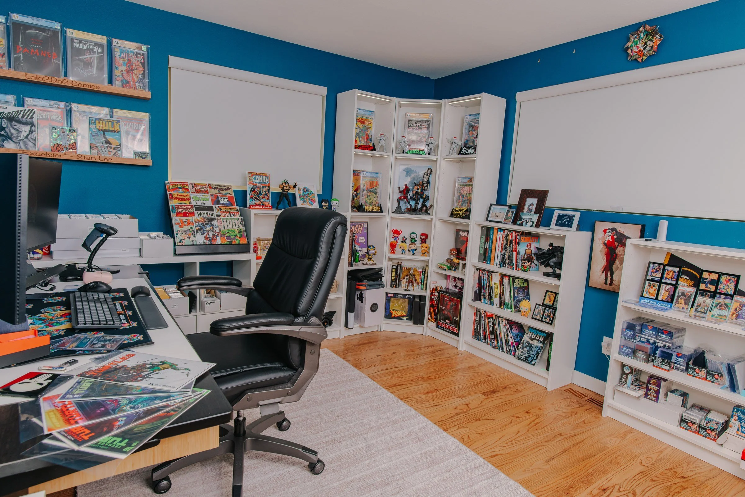 Wide view of the Next Level Collectibles studio, workspace, and collection displays