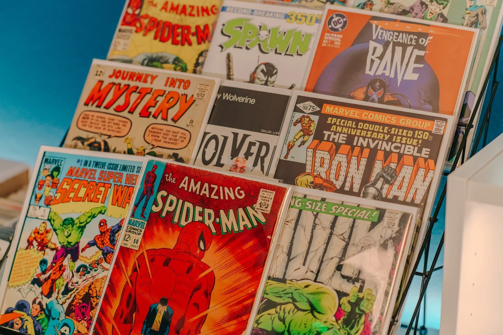 Wall display of key comic books from the personal collection