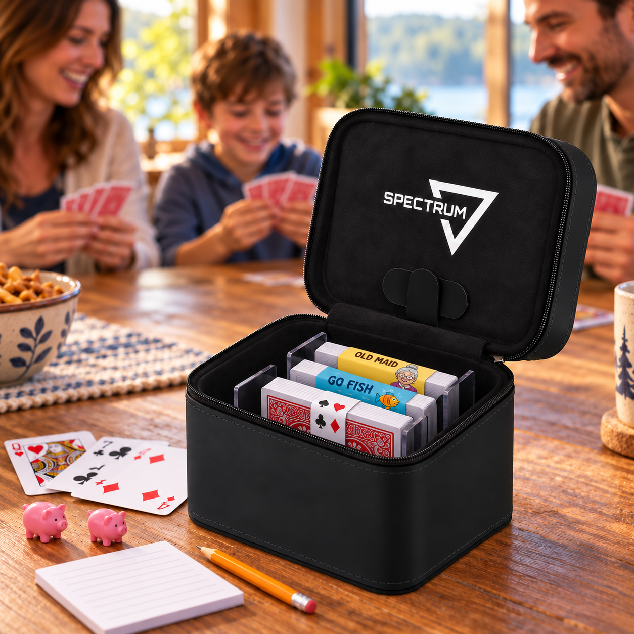 AI-generated family game-night scene with the black Spectrum Prism Matrix case, playing cards, Go Fish and Old Maid decks.