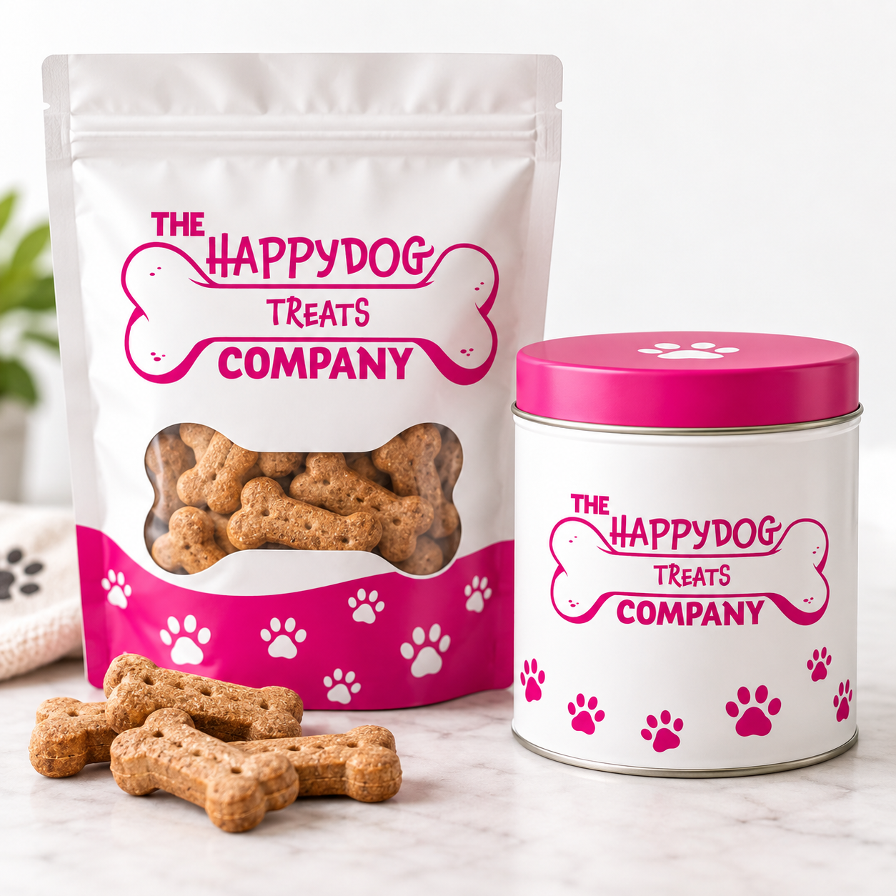 The Happy Dog Treats Company branded dog treat packaging
