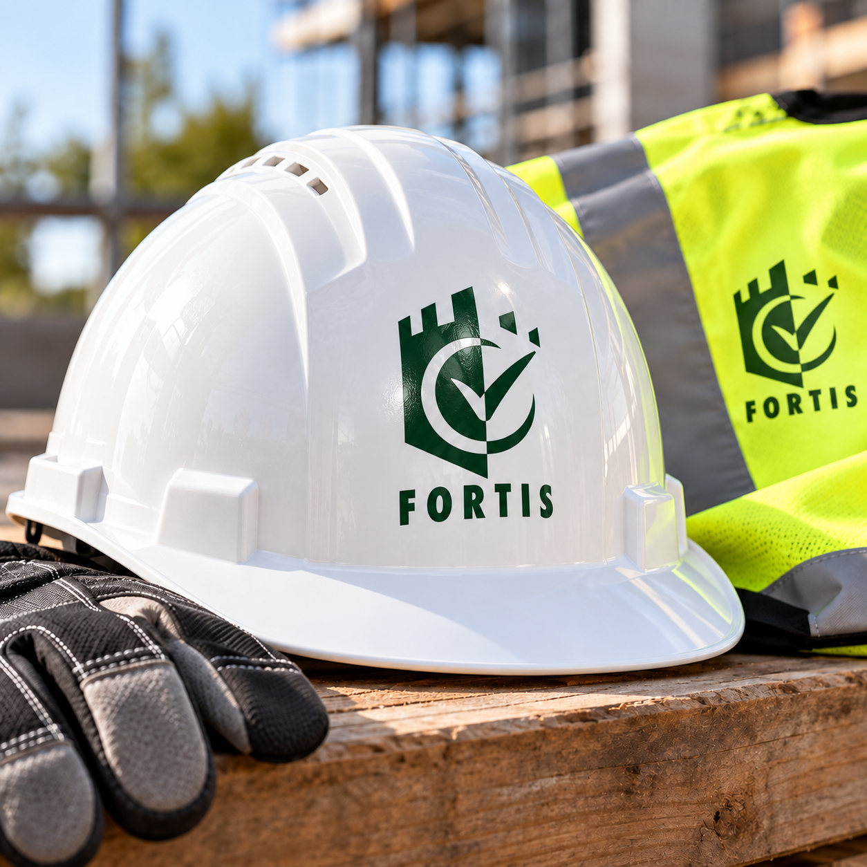 Fortis branding applied to a safety helmet and high-visibility workwear