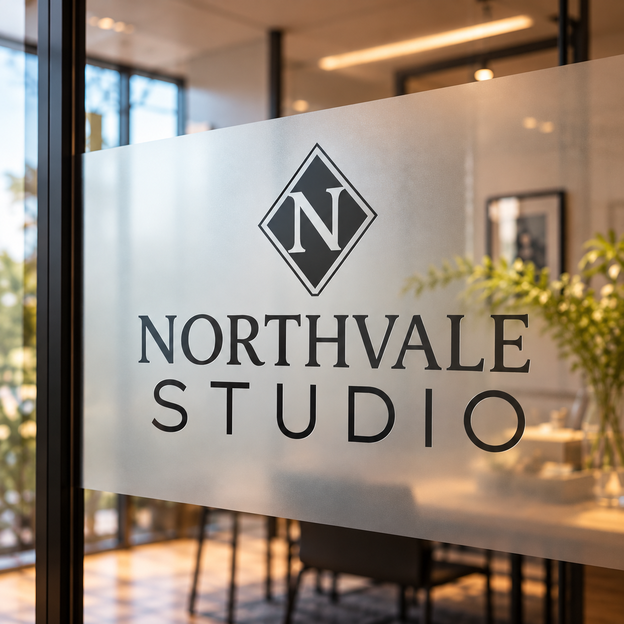 Northvale Studio identity applied to frosted glass signage