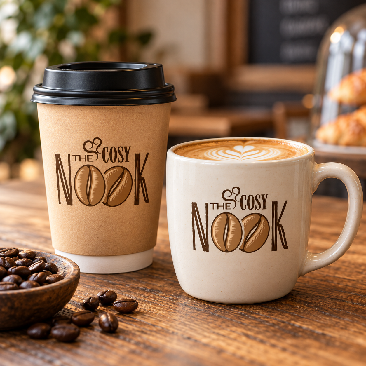 The Cosy Nook branded takeaway cup and ceramic coffee mug