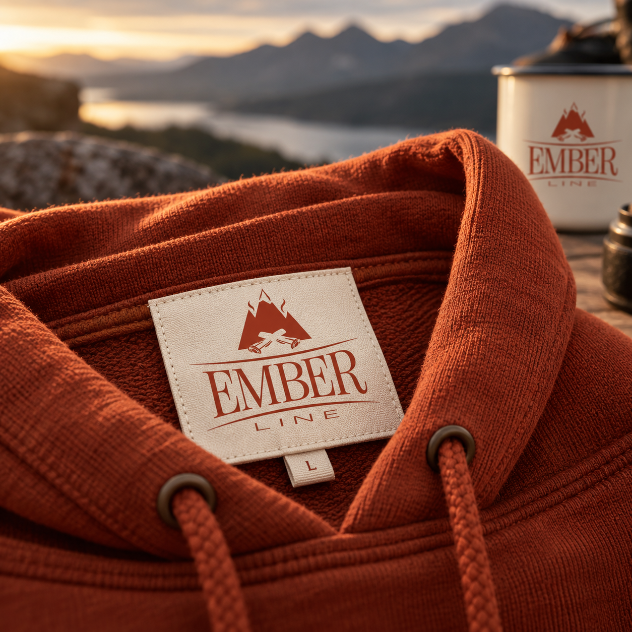 Ember Line branding applied to a terracotta outdoor hoodie