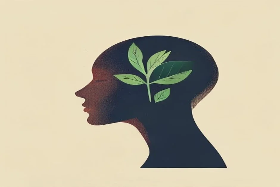 A warm illustration of a head in profile with green leaves growing where the mind would be.