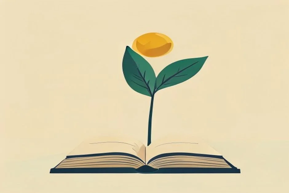 A warm illustration of a strong green sprout rising from an open book toward a golden sun.