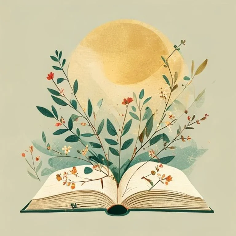 A warm illustration of an open book from which plants, leaves and small blossoms grow toward a gentle sun — learning and wellbeing flourishing together.
