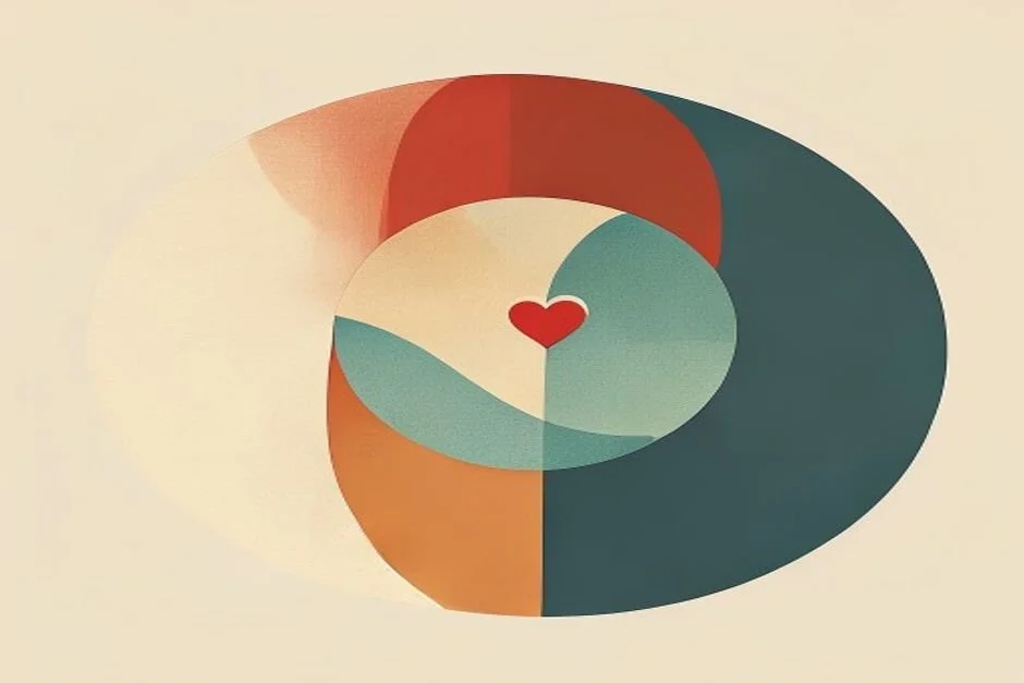 A warm illustration of overlapping circles meeting at a small red heart at the center.