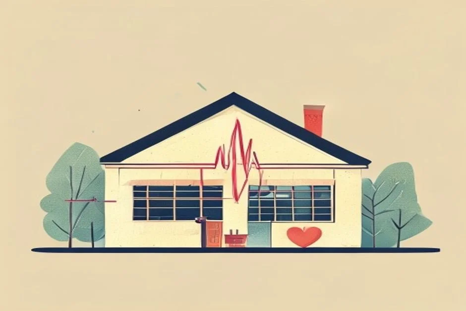 A warm illustration of a schoolhouse with a heartbeat line traced across its front and a small red heart in a window.