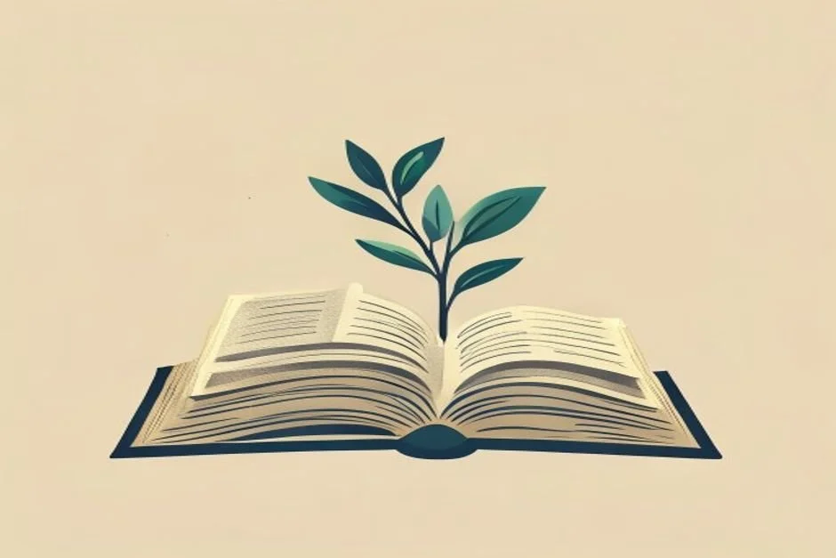 A warm illustration of an open book with a green sprout rising from its pages.
